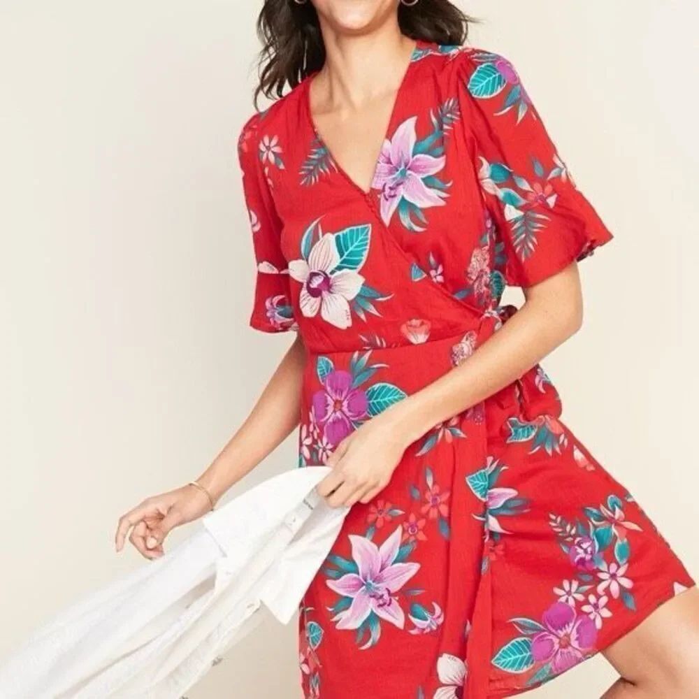 Old Navy Red Floral Waist Defined Flutter Sleeve Dress Womens SZ XS